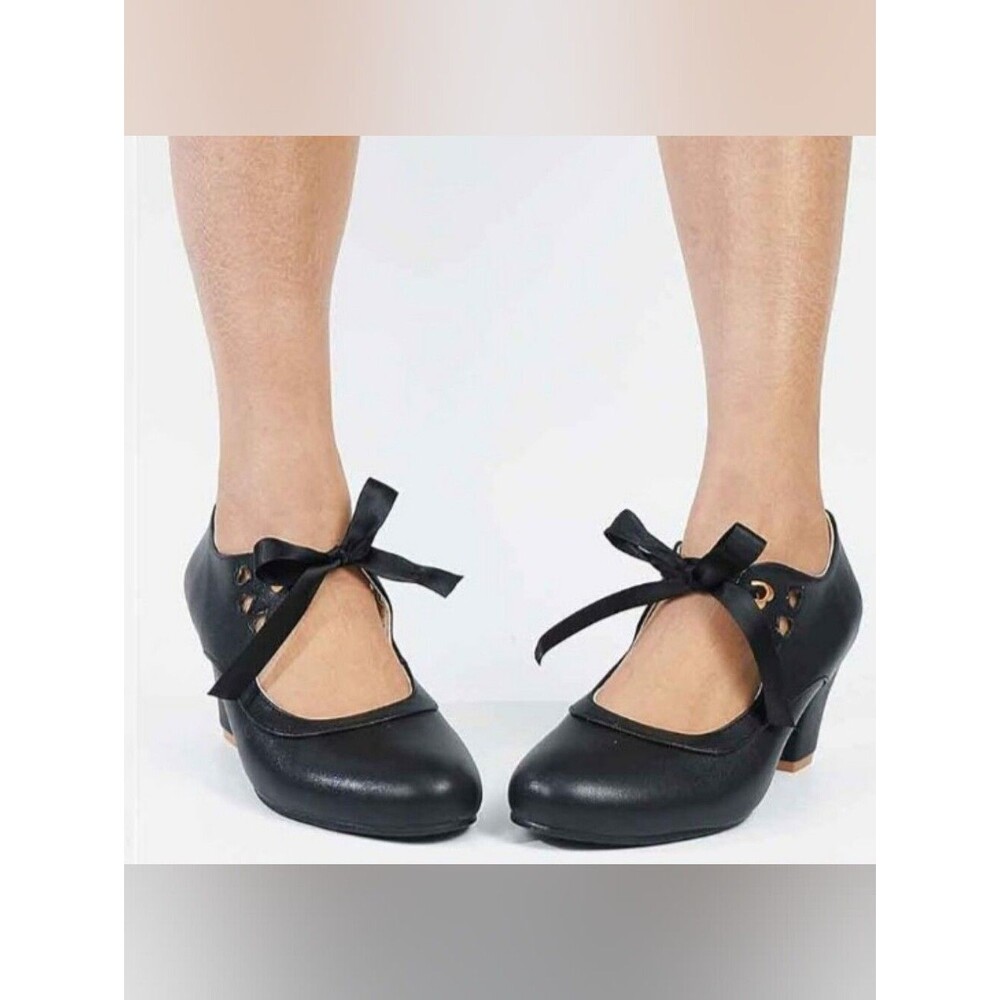 Mary Jane Pumps Chunky Block Shoes Ribbon Tie Heart Hollow 8